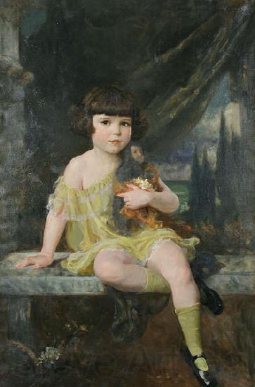 Douglas Volk Young Girl in Yellow Dress Holding her Doll, France oil painting art